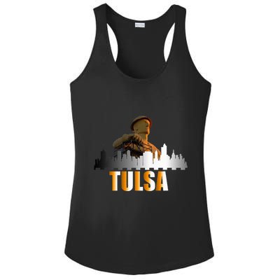 The Golden Driller Of Tulsa Oklahoma And The Tulsa Skyline Ladies PosiCharge Competitor Racerback Tank