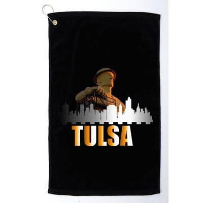 The Golden Driller Of Tulsa Oklahoma And The Tulsa Skyline Golf Towel