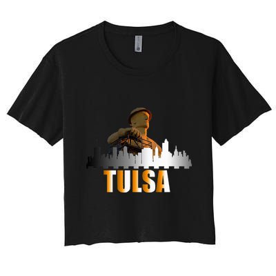 The Golden Driller Of Tulsa Oklahoma And The Tulsa Skyline Crop Top