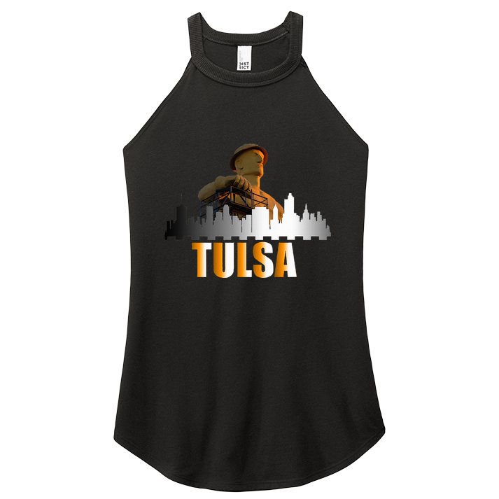 The Golden Driller Of Tulsa Oklahoma And The Tulsa Skyline Women's Perfect Tri Rocker Tank