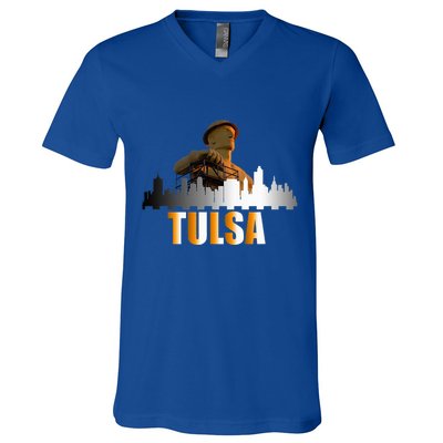 The Golden Driller Of Tulsa Oklahoma And The Tulsa Skyline V-Neck T-Shirt