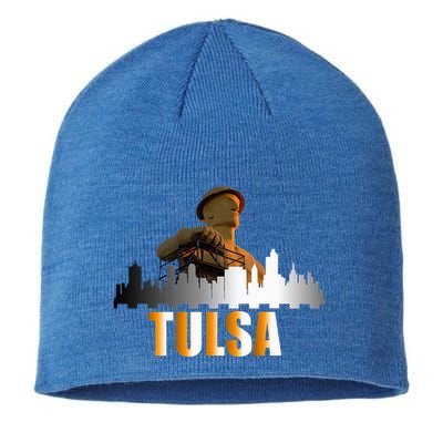 The Golden Driller Of Tulsa Oklahoma And The Tulsa Skyline Sustainable Beanie