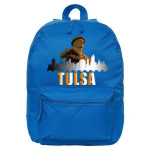 The Golden Driller Of Tulsa Oklahoma And The Tulsa Skyline 16 in Basic Backpack