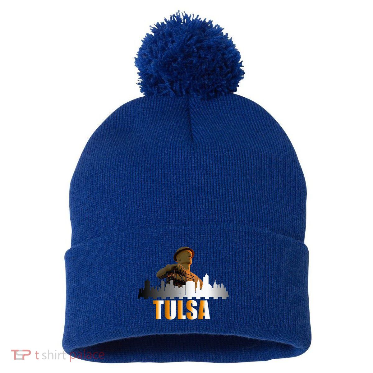 The Golden Driller Of Tulsa Oklahoma And The Tulsa Skyline Pom Pom 12in Knit Beanie