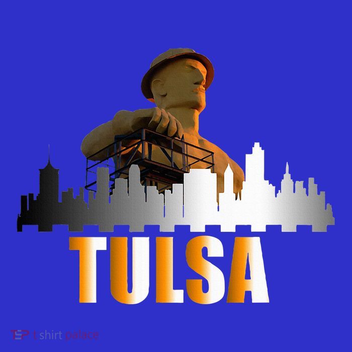 The Golden Driller Of Tulsa Oklahoma And The Tulsa Skyline Pom Pom 12in Knit Beanie