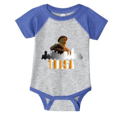 The Golden Driller Of Tulsa Oklahoma And The Tulsa Skyline Infant Baby Jersey Bodysuit