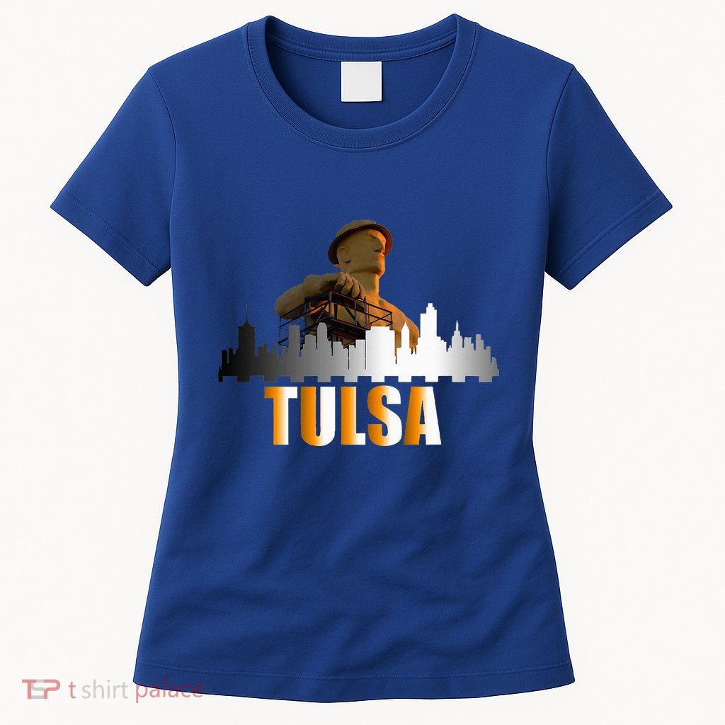 The Golden Driller Of Tulsa Oklahoma And The Tulsa Skyline Womens T-Shirt