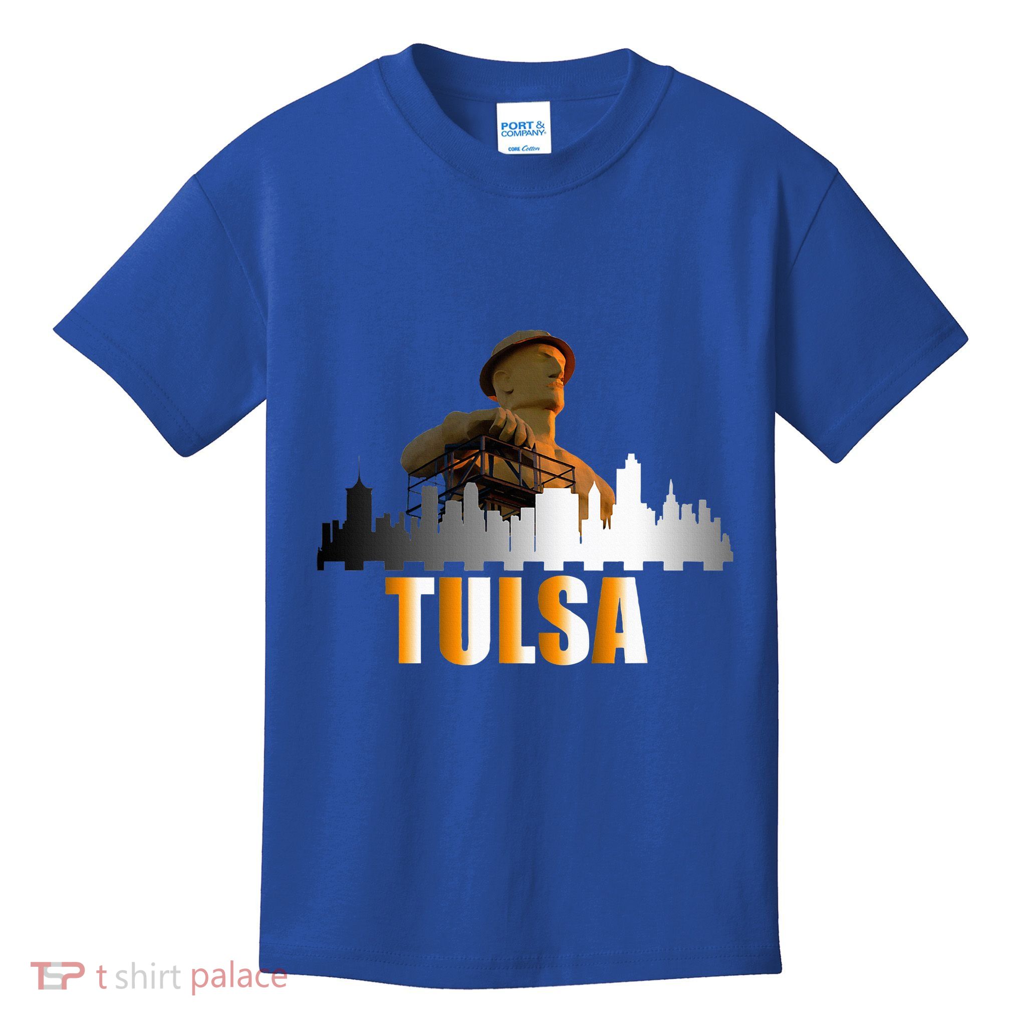 The Golden Driller Of Tulsa Oklahoma And The Tulsa Skyline Kids T-Shirt