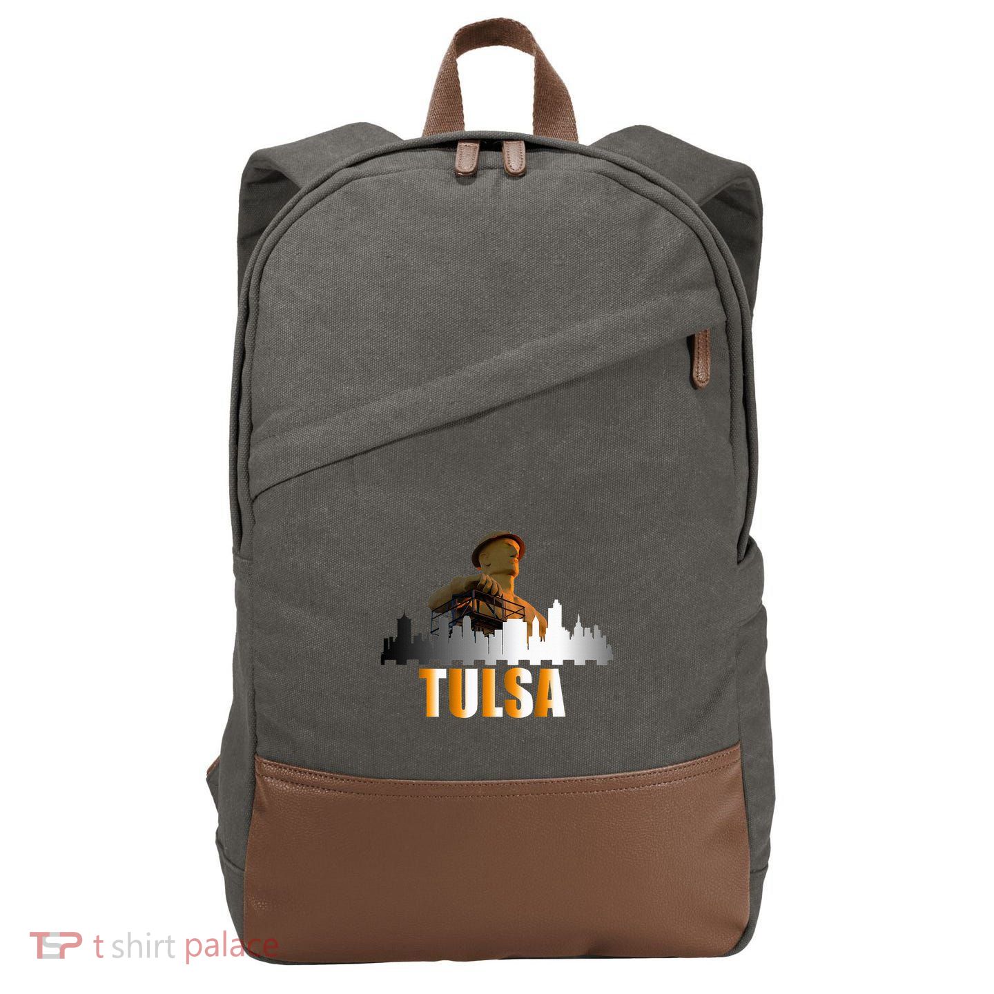 The Golden Driller Of Tulsa Oklahoma And The Tulsa Skyline Cotton Canvas Backpack