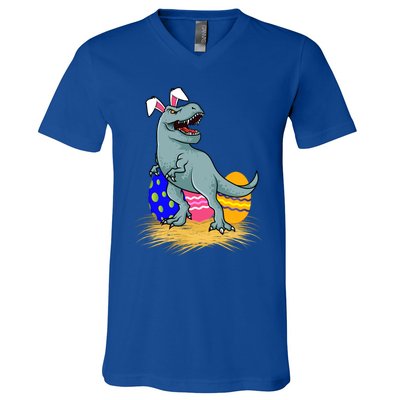 Tmeaningful Giftrex Dinosaur Easter Holiday Bunny Ears Color Egg Hunt Funny Gift V-Neck T-Shirt