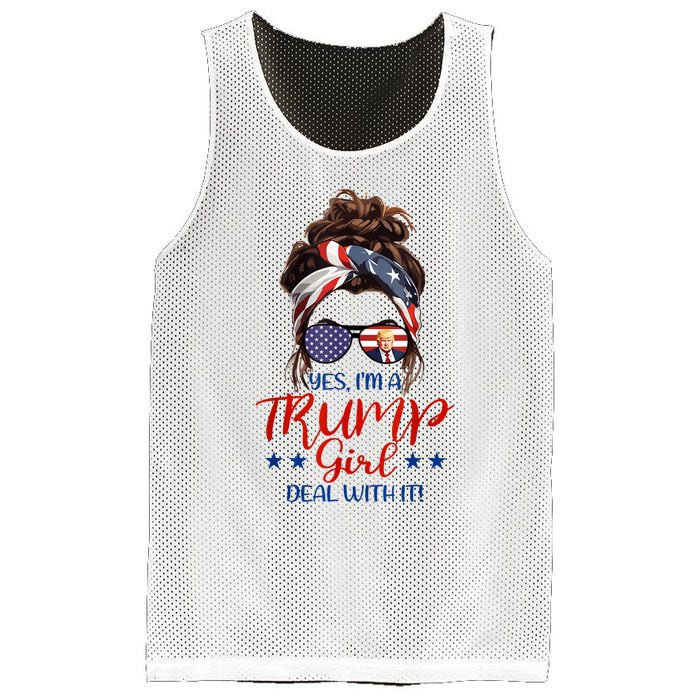 Trump Girl Deal With It Messy Bun Hair Us Flag Glasses Humor Mesh Reversible Basketball Jersey Tank