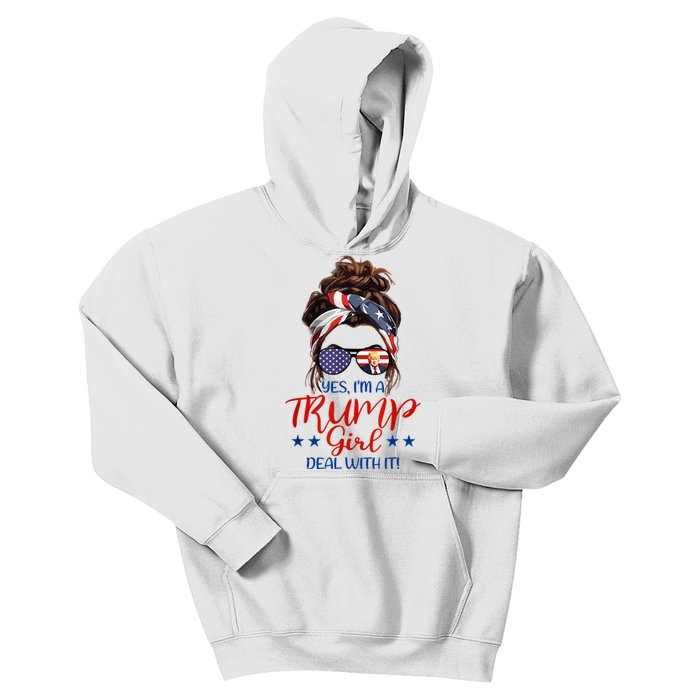 Trump Girl Deal With It Messy Bun Hair Us Flag Glasses Humor Kids Hoodie