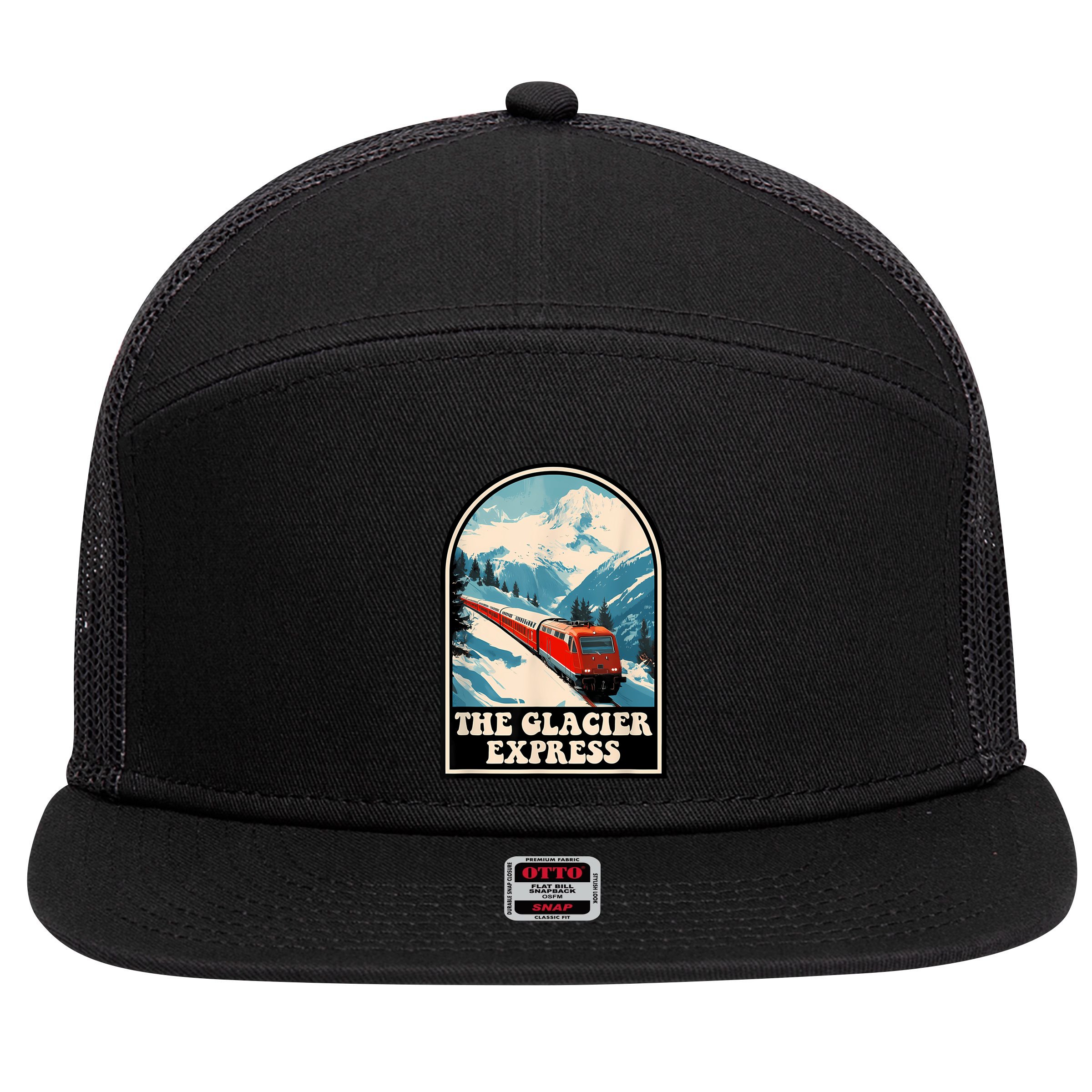 The Glacier Express Switzerland Swiss Train Mountains Winter 7 Panel Mesh Trucker Snapback Hat