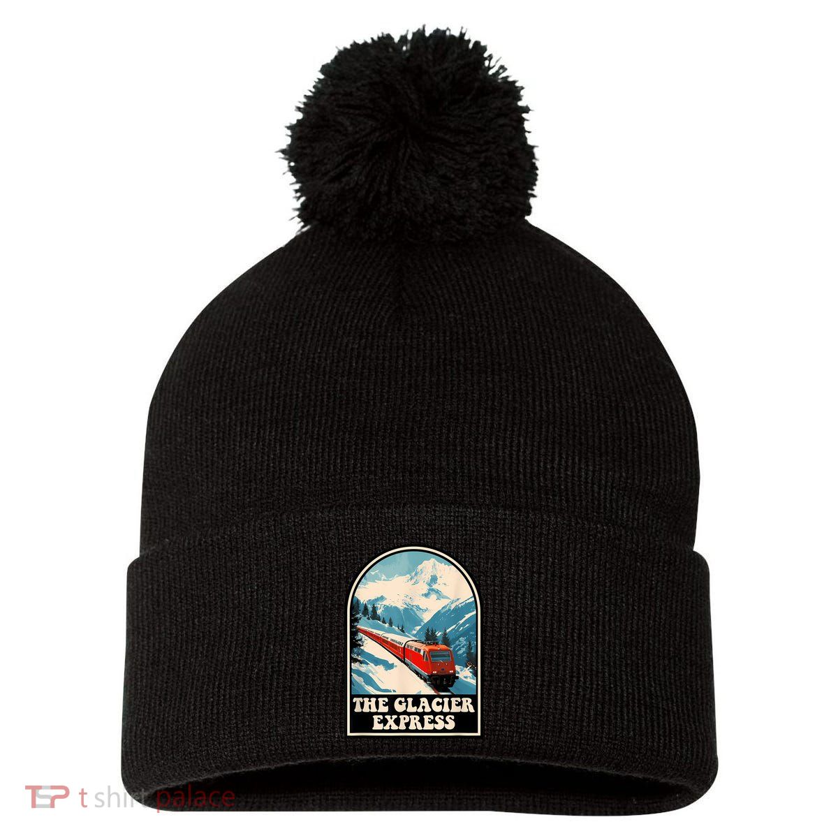 The Glacier Express Switzerland Swiss Train Mountains Winter Pom Pom 12in Knit Beanie