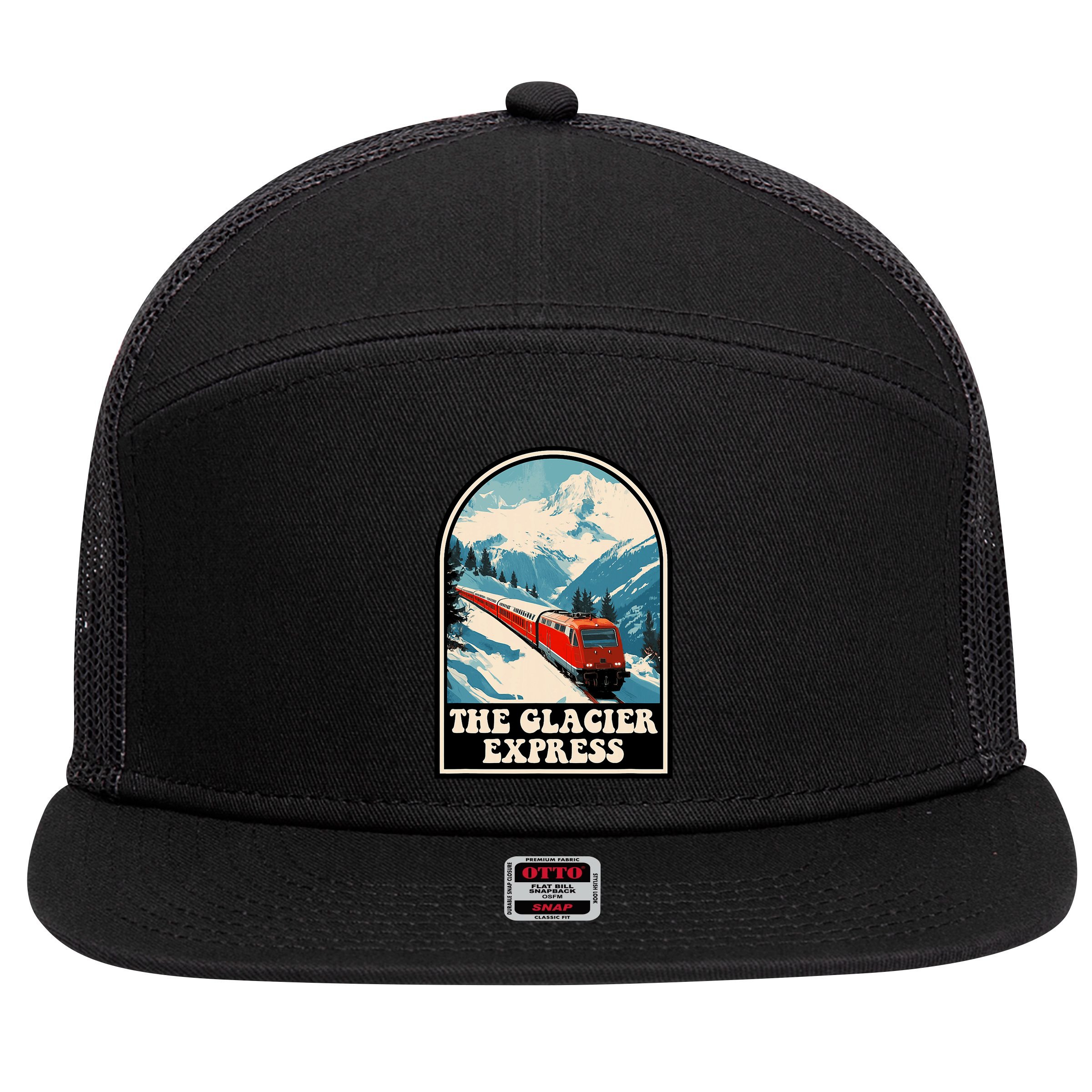 The Glacier Express Switzerland Swiss Train Mountains Winter 7 Panel Mesh Trucker Snapback Hat