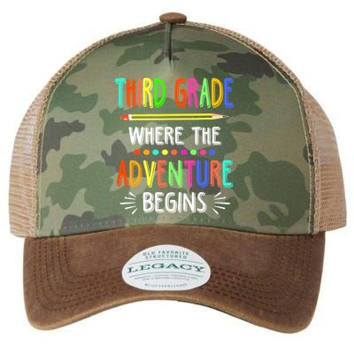 Third Grade Funny Where The Adventure Begins Teacher Legacy Tie Dye Trucker Hat