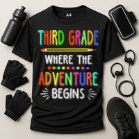 Third Grade Funny Where The Adventure Begins Teacher Cooling Performance Crew T-Shirt
