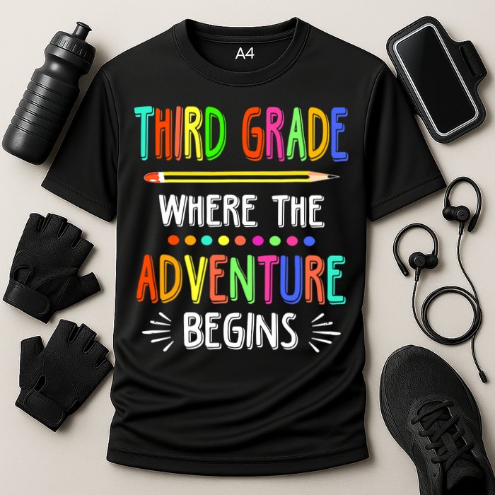 Third Grade Funny Where The Adventure Begins Teacher Cooling Performance Crew T-Shirt
