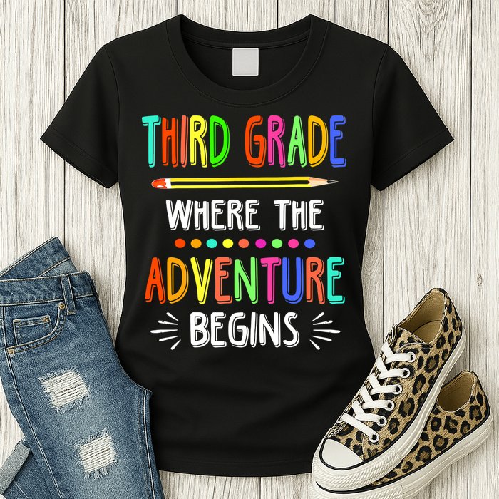 Third Grade Funny Where The Adventure Begins Teacher Womens T-Shirt