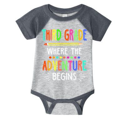 Third Grade Funny Where The Adventure Begins Teacher Infant Baby Jersey Bodysuit