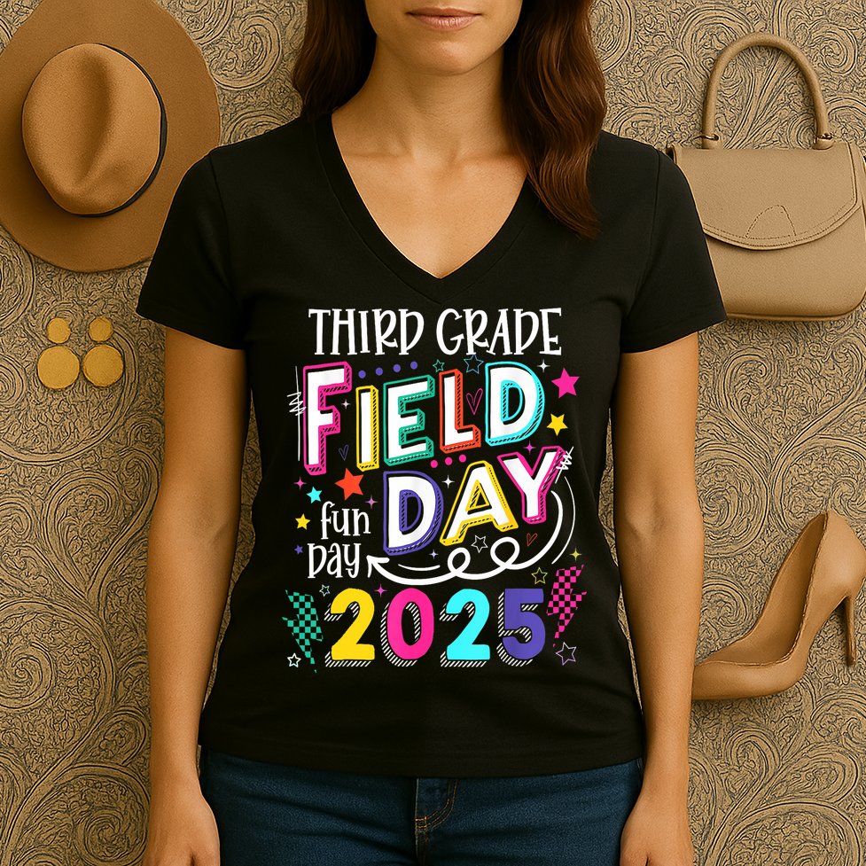 Third Grade Field Day Fun Day 2025 School Field Day Teacher Women's V-Neck T-Shirt