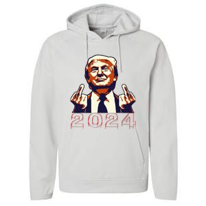 Trump Giving Finger 2024 Flipping Off Design Performance Fleece Hoodie