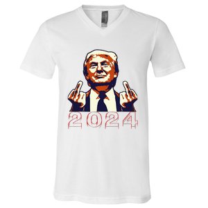 Trump Giving Finger 2024 Flipping Off Design V-Neck T-Shirt