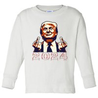 Trump Giving Finger 2024 Flipping Off Design Toddler Long Sleeve Shirt