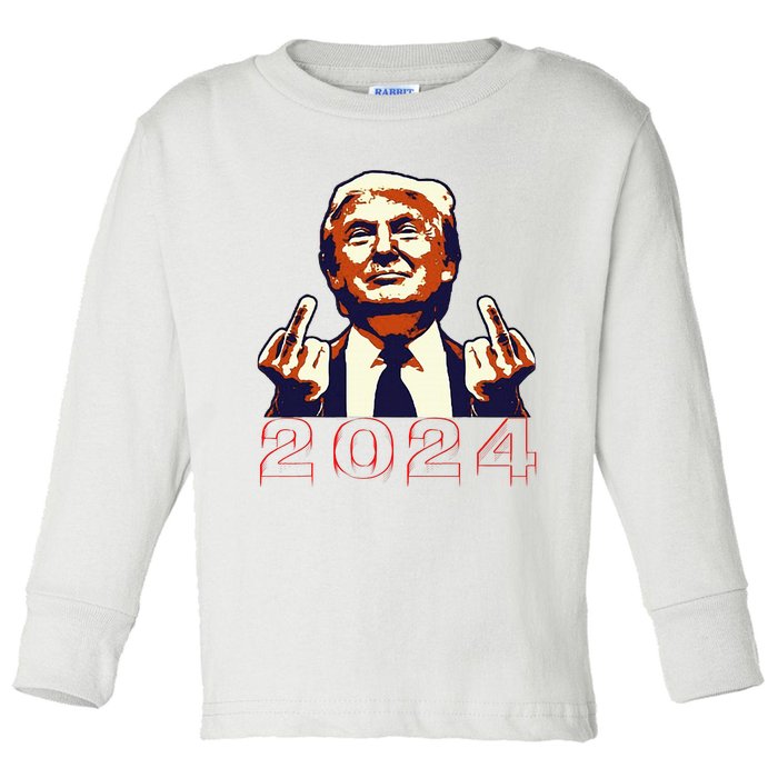 Trump Giving Finger 2024 Flipping Off Design Toddler Long Sleeve Shirt