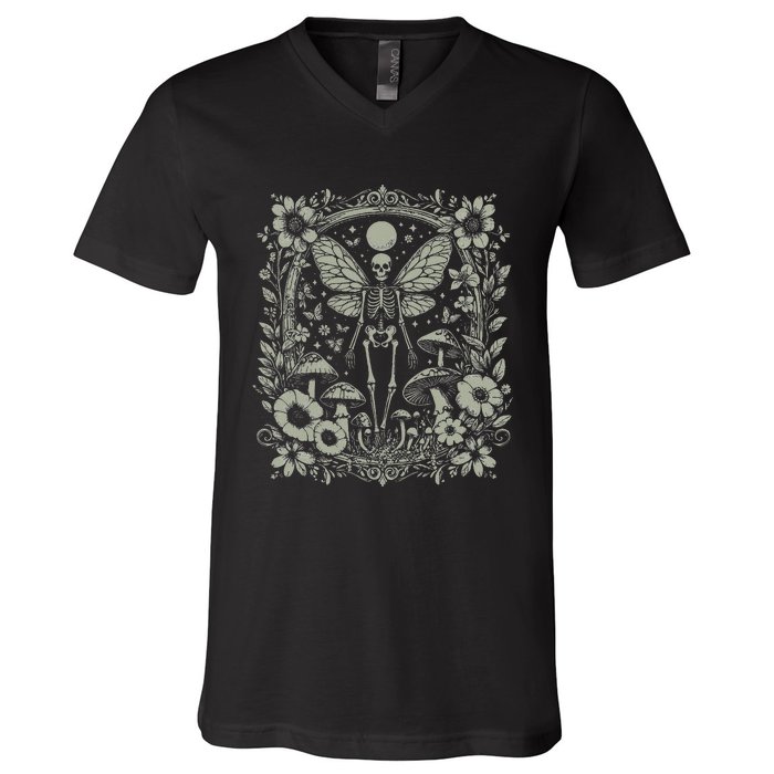 Therian Grunge Fairycore Aesthetic Skeleton Fairy Moth V-Neck T-Shirt