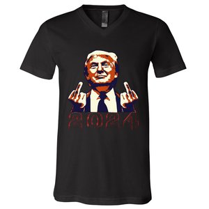 Trump Giving Finger 2024 Flipping Off Design V-Neck T-Shirt