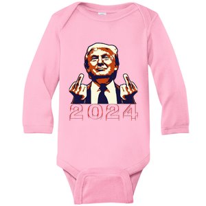 Trump Giving Finger 2024 Flipping Off Design Baby Long Sleeve Bodysuit