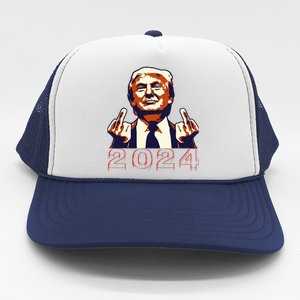 Trump Giving Finger 2024 Flipping Off Design Trucker Hat