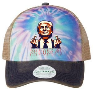 Trump Giving Finger 2024 Flipping Off Design Legacy Tie Dye Trucker Hat