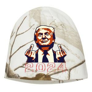 Trump Giving Finger 2024 Flipping Off Design Kati - Camo Knit Beanie