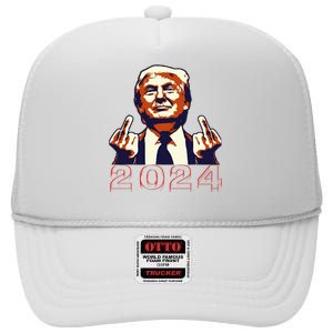 Trump Giving Finger 2024 Flipping Off Design High Crown Mesh Back Trucker Hat