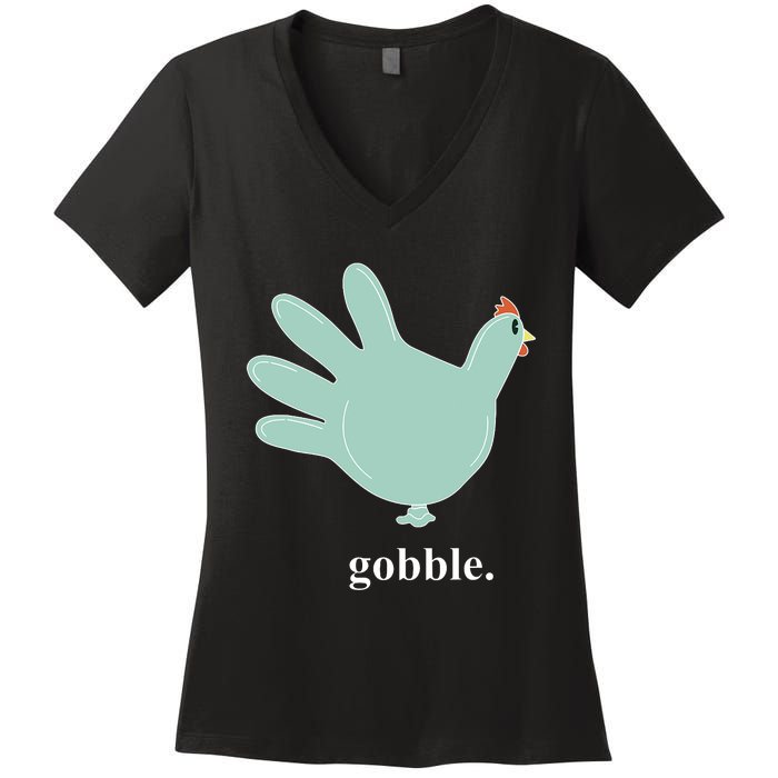 Turkey Glove Gobble Thanksgiving Thankful Nurse Women's V-Neck T-Shirt