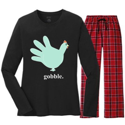 Turkey Glove Gobble Thanksgiving Thankful Nurse Women's Long Sleeve Flannel Pajama Set 