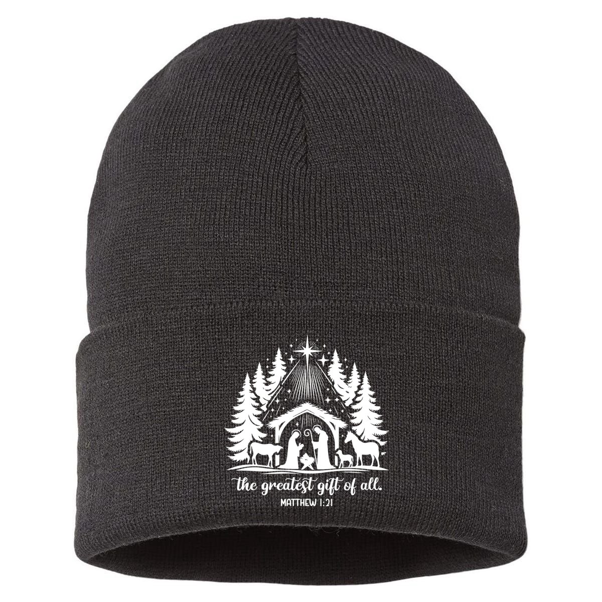 The Greatest Gift Of All Matthew 1:21 Christmas Sustainable Knit Beanie