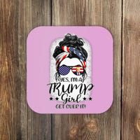 Trump Girl Get Over It Messy Bun Hair Us Flag Glasses Humor Coaster