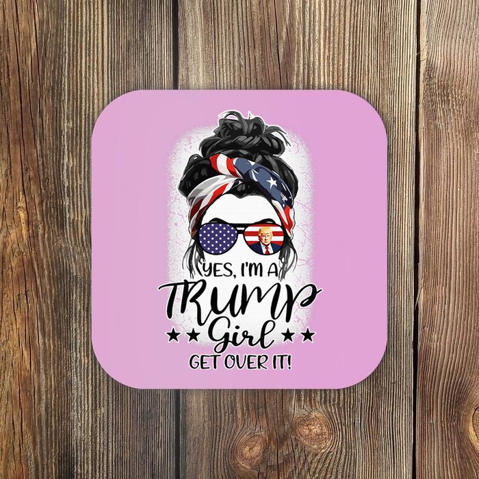 Trump Girl Get Over It Messy Bun Hair Us Flag Glasses Humor Coaster