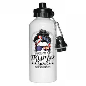 Trump Girl Get Over It Messy Bun Hair Us Flag Glasses Humor Aluminum Water Bottle