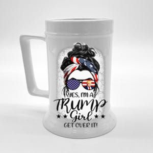 Trump Girl Get Over It Messy Bun Hair Us Flag Glasses Humor Beer Stein