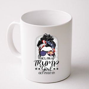 Trump Girl Get Over It Messy Bun Hair Us Flag Glasses Humor Coffee Mug