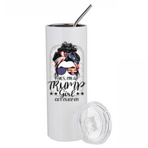 Trump Girl Get Over It Messy Bun Hair Us Flag Glasses Humor Stainless Steel Tumbler