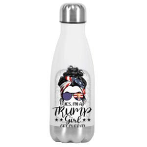 Trump Girl Get Over It Messy Bun Hair Us Flag Glasses Humor Stainless Steel Insulated Water Bottle