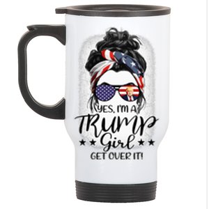 Trump Girl Get Over It Messy Bun Hair Us Flag Glasses Humor Stainless Steel Travel Mug