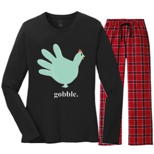 Turkey Glove Gobble Thanksgiving Thankful Nurse Women's Long Sleeve Flannel Pajama Set 