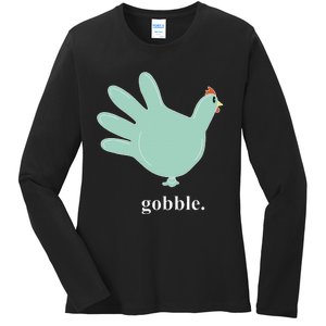 Turkey Glove Gobble Thanksgiving Thankful Nurse Ladies Long Sleeve Shirt