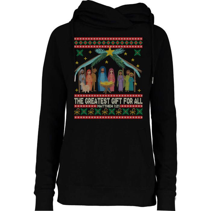 The Greatest Gift For All Nativity Christian Christmas Ugly Womens Funnel Neck Pullover Hood